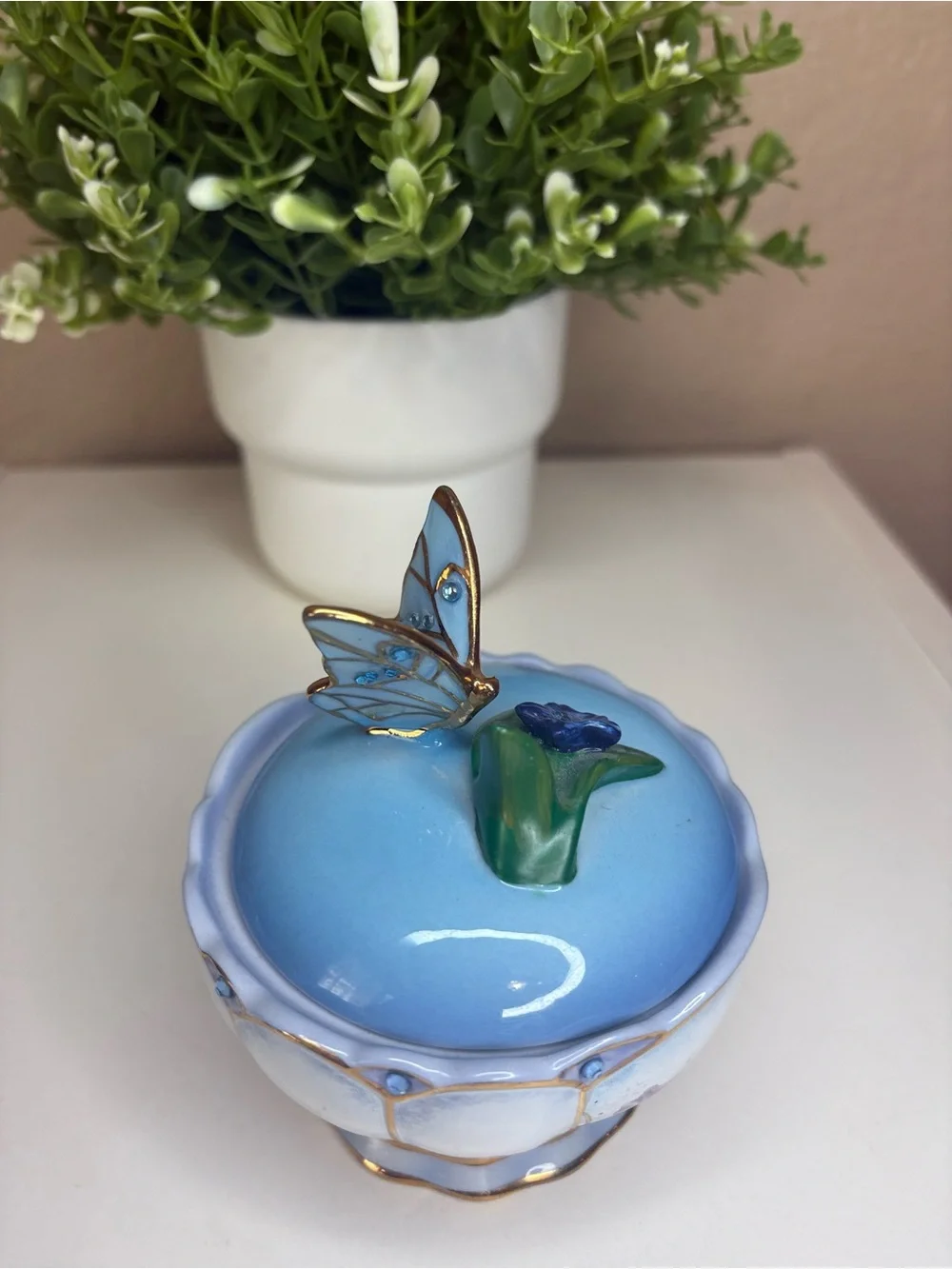 Blue Butterfly Ceramic Trinket Jar with Floral Accent